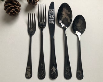 5 Piece Black Silverware Gift Set • Elvis Collection • Customized Kitchen Utensils • Personalized Custom Engraved • Unique Gift