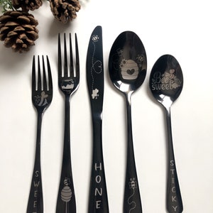 5 Piece Black Silverware Gift Set • Bee Collection • Kitchen Utensils• Unique Gifts• Personalized • Custom Engraved Silverware Sets •