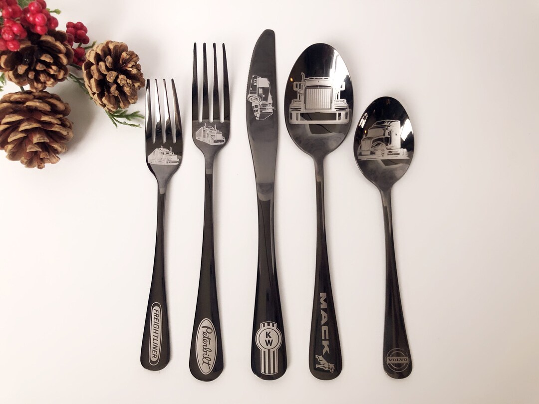 5 Piece Black Silverware Gift Set Semi Truck Collection Kitchen