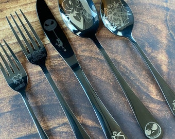 5 Piece Black Silverware Set - Christmas Nightmare - Kitchen Utensil, Custom Engraved, Personalized, Dinner for One, Unique Gift