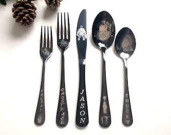 5 Piece Black Silverware Gift Set • Halloween Horror Collection •  Kitchen Utensils •Forks •Unique Gift • Personalized Custom Engraved