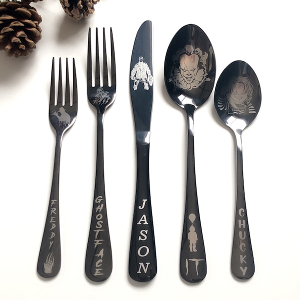 5 Piece Black Silverware Gift Set • Halloween Horror Collection •  Kitchen Utensils •Forks •Unique Gift • Personalized Custom Engraved