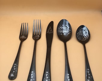 5 Piece Black Silverware Gift Set • Christmas Collection • Customized Kitchen Utensils • Personalized Custom Engraved • Unique Gift