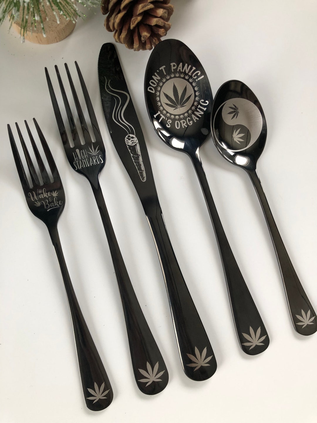 5 Piece Black Silverware Gift Set Marijuana Collection Kitchen Utensils