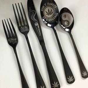 5 Piece Black Silverware Gift Set • Marijuana Collection • Kitchen Utensils  • Custom Engraved Silverware - Unique Gifts • Personalized