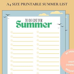 Lista de verano imprimible / Lista de deseos de verano imprimible tamaño A4 / Cosas que hacer este verano / Planificador de verano tamaño A4 / Aventuras de verano imprescindibles