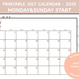 July 2025 Printable Calendar | A4 Size Monday&Sunday Start Calendar | PNG-PDF Version | July 2025 Calendar | Printable Planner for July 2025