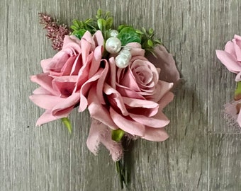 dusky pink double tea rose buttonholes