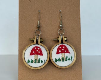 Mushroom Earrings | Plant Lover Jewelry | Embroidery Hoop Earrings