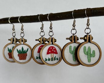 Embroidered Plant Earrings | Sterling Silver Mushroom Jewelry