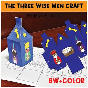 May include: A blue paper craft depicting the Three Wise Men, featuring illustrations of the figures and a star. The text "THE THREE WISE MEN CRAFT" and "EPIPHANY ACTIVITIES" are displayed. The words "BW+COLOR" are also visible.