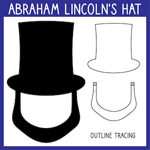 Puede incluir: Ilustración gráfica que presenta un sombrero de copa negro, un contorno blanco de un sombrero de copa y un contorno de barba negro. El texto "ABRAHAM LINCOLN'S HAT" está en la parte superior y "OUTLINE TRACING" en la inferior, sobre un fondo azul.