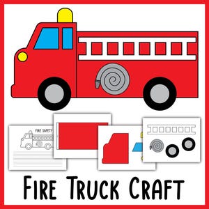 Könnte beinhalten: Illustration eines roten Feuerwehrautos mit schwarzen Rädern, einer weißen Leiter und einem grauen Schlauch. Das Bild enthält Bastelvorlagen und den Text "FIRE TRUCK CRAFT" in schwarzen Buchstaben.