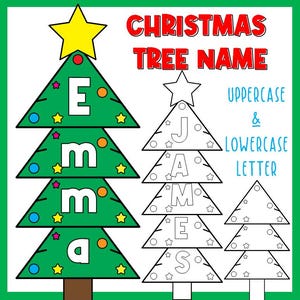 Może przedstawiać: Kolorowa grafika bożonarodzeniowa z zielonymi choinkami, które wymawiają imiona. Tekst "CHRISTMAS TREE NAME" znajduje się na górze. Drzewa zawierają wielkie i małe litery, z gwiazdami i ozdobami.