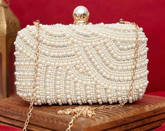 White Pearl Beaded Clutch Box Bag, Wedding Clutch, Handmade clutch, Handbag, Bridal clutches, Evening Party Bag, Gift For Her, Women Bag