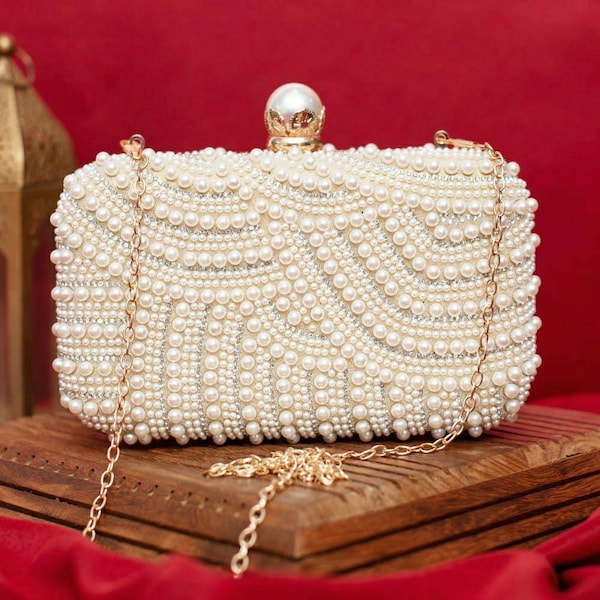 White Pearl Beaded Clutch Box Bag, Wedding Clutch, Handmade clutch, Handbag, Bridal clutches, Evening Party Bag, Gift For Her, Women Bag