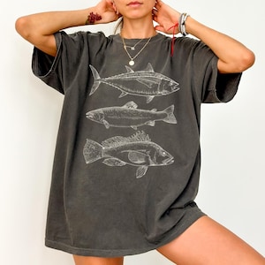 Koszulka z grafiką w stylu vintage z rybą: unisex, Sea Life Tee, odzież przyrodnicza _k