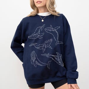 fine line art humpback whale sweater navy