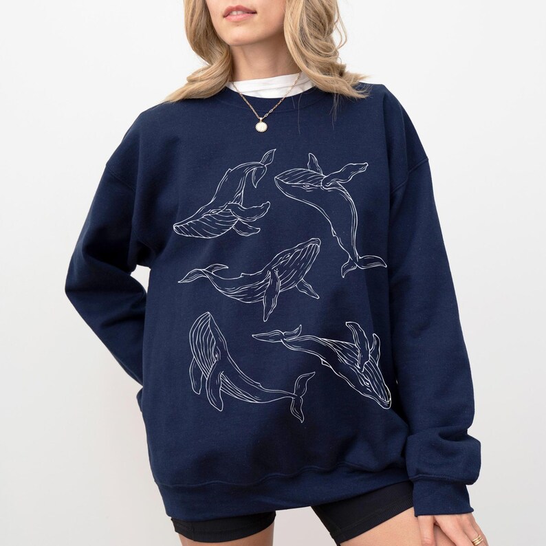 fine line art humpback whale sweater navy
