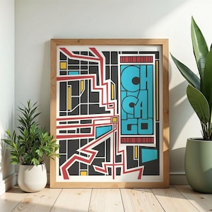Pode incluir: Impressão de arte emoldurada com um design geométrico. A palavra "CHICAGO" está em turquesa. A obra de arte utiliza linhas e formas vermelhas, amarelas e pretas sobre um fundo branco, dentro de uma moldura de madeira natural. A impressão é exibida em ambientes internos.