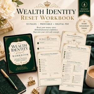 May include: A Wealth Identity Reset Workbook digital product set featuring a tablet displaying the cover, multiple printed pages including a money story timeline, habit tracker, and self-assessment, a gold pen, and gold binder clips on a dark cloth.
