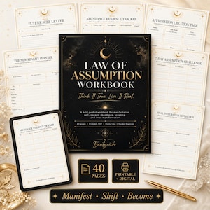 May include: A Law of Assumption workbook with a black cover and gold accents, surrounded by related worksheets. The workbook includes the text "Think It True. Live It Real." and "Manifest • Shift • Become."