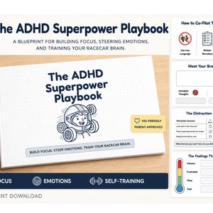 Puede incluir: El manual de juego ADHD Superpower, un manual para desarrollar la concentración, controlar las emociones y entrenar tu cerebro de coche de carreras. La portada presenta un piloto de coche de carreras de dibujos animados. Aprobado por padres y niños.