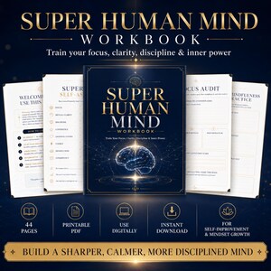Puede incluir: Un cuaderno de trabajo titulado "Super Human Mind" con letras doradas y una cubierta azul oscuro. La portada presenta un gráfico de cerebro y el texto "Train your focus, clarity, discipline & inner power". Se ven páginas adicionales.