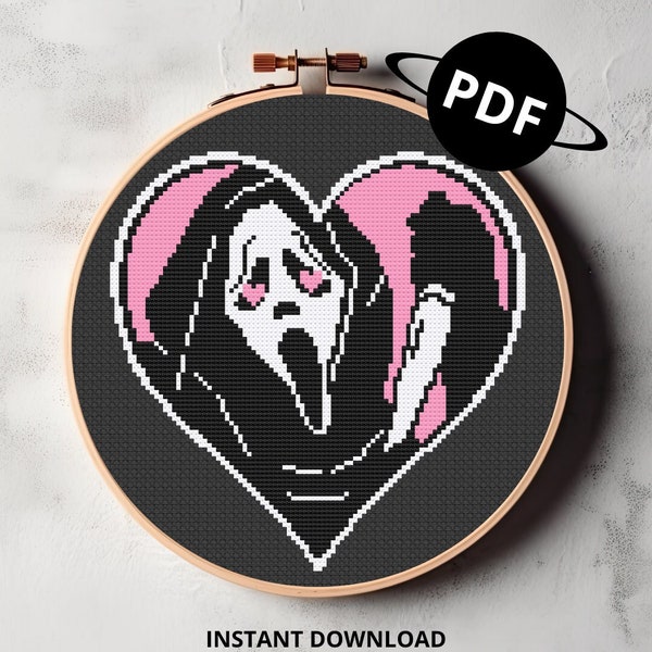 Heart Eyed Ghostface - cross stitch digital pattern - horror film slasher with knife