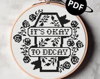 To jest OK, żeby się rozłożyć - cyfrowy wzór do haftu krzyżykowego - trumna i róże, upiorny gotycki xstitch