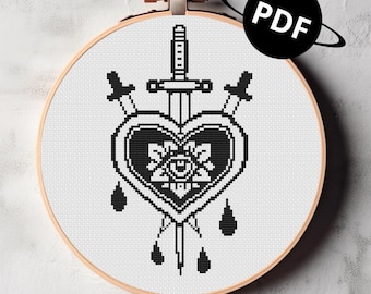 Three of Swords - cross stitch digital pattern - witchy tarot heart xstitch