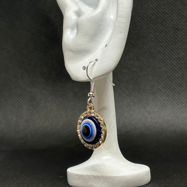 Blue Evil Eye Dangle Earrings with Gem Accents Hand Assembled, Ward Off Negativity, Eye Talisman Charm, Hypoallergenic Earring Hooks