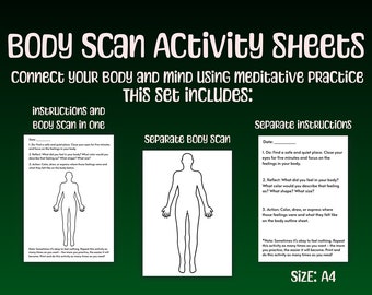 Body Scan Aktivität Blätter, digitaler Download druckbar, entworfen für Größe A4 Papier, Therapie Aktivität, Achtsamkeit, verbinden Körper und Geist