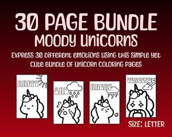 Páginas para colorear de emociones de unicornio Paquete de 30 páginas Descargar Imprimir páginas para colorear tamaño carta para adultos y niños Actividad de terapia de salud mental