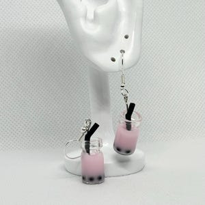 Pink and Black Boba Dangle Earrings Hand Assembled 925 Sterling Silver Hypoallergenic Hooks Silly Accessory Gift for Boba Lovers Unique Fun