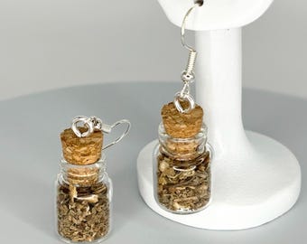 Pendientes de tarro de hechizos de agrimonia hechos a mano con hierba de agrimonia real, ganchos hipoalergénicos, tarro de hechizos de energía negativa, joyería, regalo para brujas