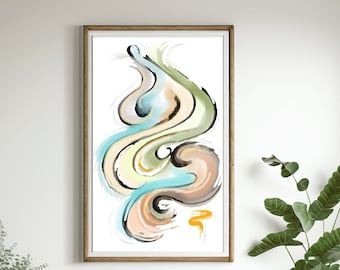 May include: Abstract art print with swirling shapes in shades of blue, green, brown, and yellow. The print is framed in a light wood frame and is hanging on a white wall.