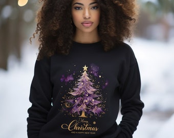 Christmas Tree Watercolor Sweatshirt - Regal Purple and Gold Holiday Design, Black Elegant Merry Christmas Sweater - Festive Purple & Gold