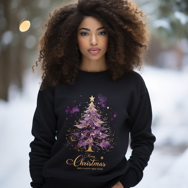 Christmas Tree Watercolor Sweatshirt - Regal Purple and Gold Holiday Design, Black Elegant Merry Christmas Sweater - Festive Purple & Gold
