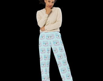 May include: Light blue pajama pants with a repeating pattern of pink and blue cartoon bears holding hands and the text "Sometimes a hug is all you need".