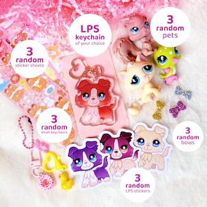 Mystery Box Littlest Pet Shop - Set mit 3 ZUFÄLLIGEN Haustieren, Collie Schlüsselanhänger, Collie Aufkleber und mehr / bitte die Beschreibung lesen!