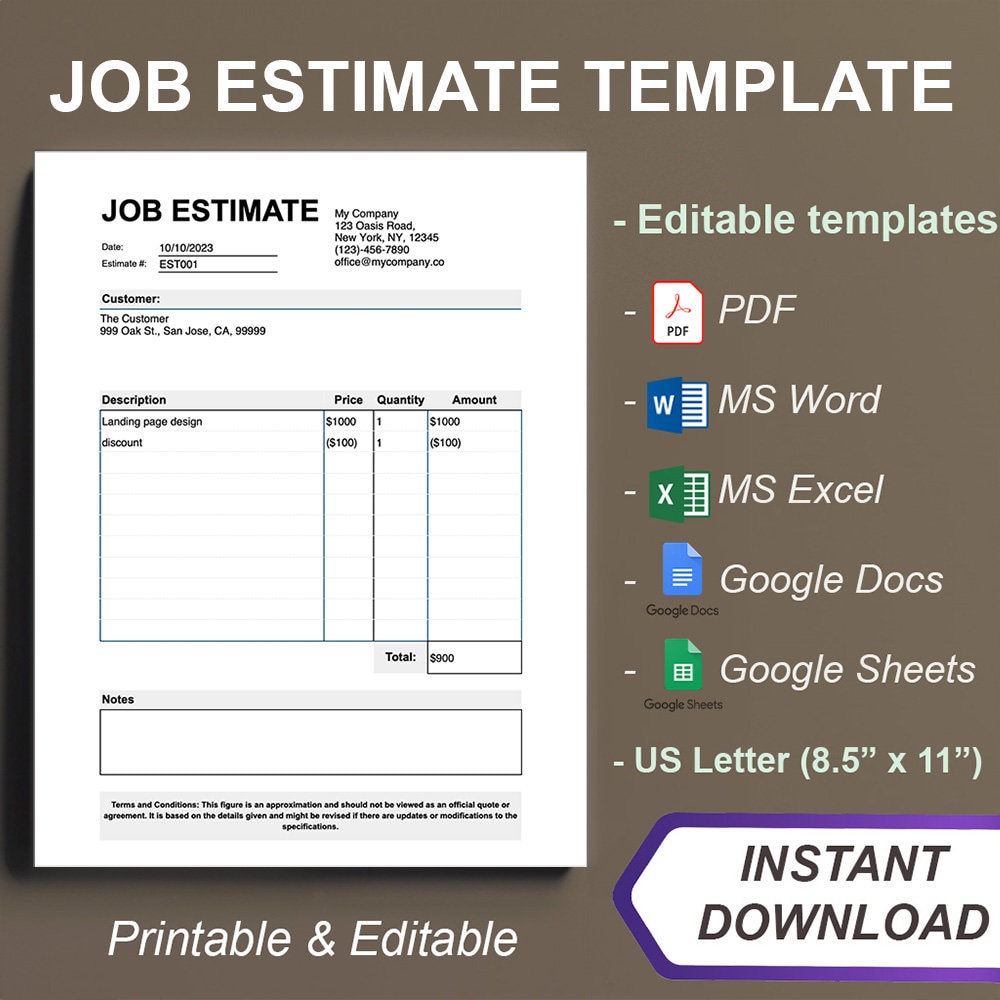 Job Estimate Template Contractor Estimate Job Estimate Editable