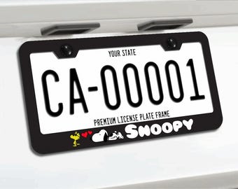 Snoopy & Woodstock License Plate Frame, Black Metal Car Accessory