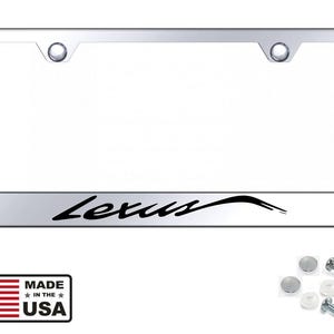 May include: A chrome license plate frame with the word "Lexus" in black script. The frame has two mounting holes and includes mounting hardware. The lower left corner shows a "Made in the USA" label with the American flag.