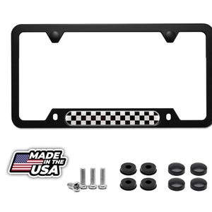 May include: Black license plate frame with a checkered flag design. Includes mounting hardware and Made in the USA sticker. The frame has a rectangular shape with rounded corners and a checkered pattern in the center.