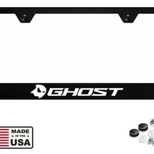 May include: Black license plate frame with the word "GHOST" in white, and a ghost logo. Includes mounting hardware and a "Made in the USA" sticker with the American flag.
