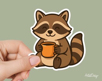 Cute Raccoon Drinking Coffee Sticker – Funny Animal Vinyl Decal for Laptop, Journal, or Water Bottle – Coffee Lover Gift
