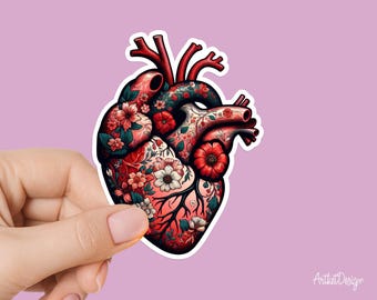 Anatomical Floral Heart Sticker - Unique Heart Design with Flowers, Gift Idea