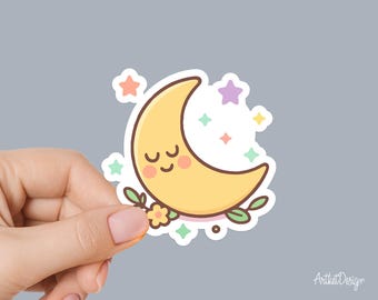 Kawaii Crescent Moon Sticker – Cute Sleepy Moon with Stars Vinyl Decal for Journals, Laptops & Water Bottles