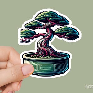 May include: A sticker featuring a colorful illustration of a bonsai tree in a green pot. The tree has a thick, twisted trunk and branches with green leaves. The pot has a decorative design.
